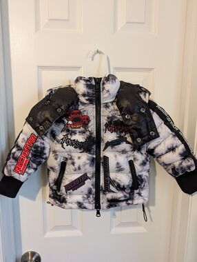 Child's Rockstar Black & White Tie-Dye Puffer Jacket, Size 3T